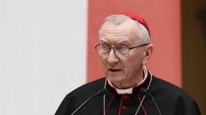 epa09910867 The Secretary of State of the Holy See, Cardinal Pietro Parolin, speaks during the Academic and Commemorative Meeting, on the XXX Anniversary of the reestablishment of diplomatic relations between the Mexican state and the Holy See, in Mexico City, Mexico, 26 April 2022. The Mexican Government and the Catholic Church promised to cooperate for peace, social justice and human rights during the visit of the Secretary of State of the Holy See, Pietro Parolin.  EPA/Mario GuzmÃ¡n